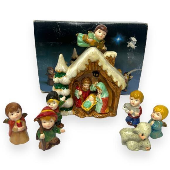 Vintage ENESCO Ceramic Nativity Scene‎ Collectible Mary Joseph Manger 8 Pieces - Picture 1 of 11